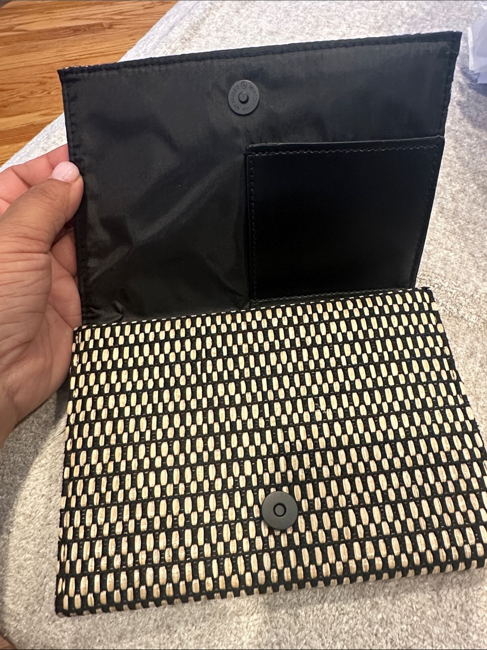 Woven Black and Cream Clutch with Snap Closure